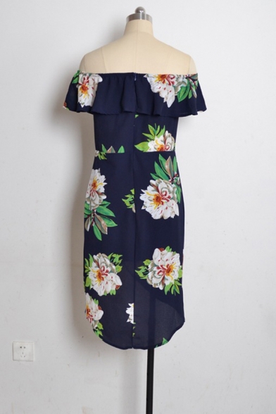 Elegant Ladies' Short Sleeve Off The Shoulder Ruffled Trim Floral Pattern Slit Front Asymmetric Midi Bodycon Dress