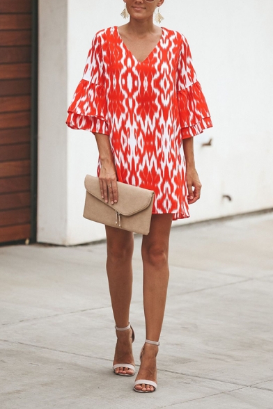 Fashion Ladies' Tiered Sleeve V-Neck Leopard Print Plain Mini Swing Dress