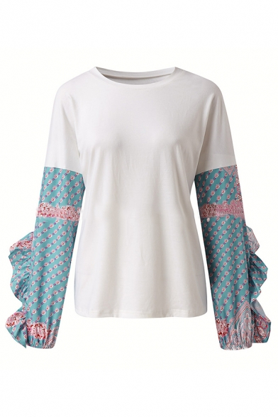 Female Floral Printed Stringy Selvedge Trimmed Long Sleeve Round Neck Leisure T-Shirt