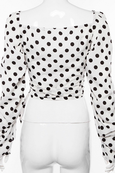 Girls' Cute Long Sleeve V-Neck Polka Dot Pattern Tied Fitted Wrap Crop Blouse Top in White