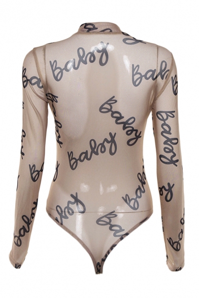 Girls' Stylish Long Sleeve Mock Neck BALRY Printed See-Through Mesh Fitted Bodysuit in Khaki