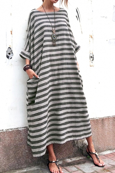 Holiday Trendy Striped Printed Oversized Maxi T-Shirt Dress for Women