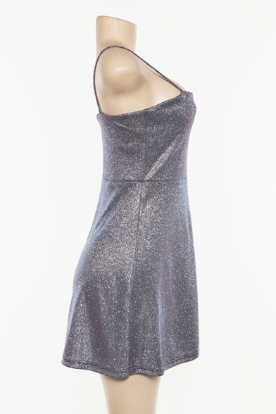 Plain Silver Glitter Fashion Cutout Front Night Club Mini A-Line Slip Dress