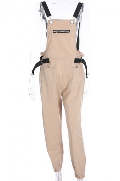 Khaki Fashion Casual Sleeveless Buckle Strap Zip Detail Ankle Relaxed Tapered Suspender Trousers for Girls