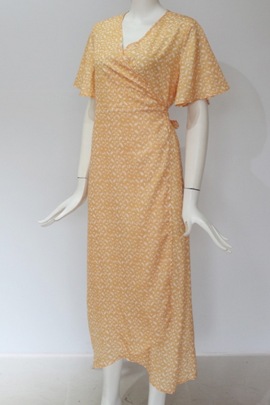 Ladies' Glamorous Short Sleeve V-Neck Patterned High Split Side Bow-Tied Fitted Wrap Long Flowy Dress in Orange