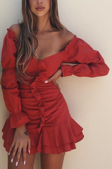Ladies Popular Solid Color Red Sweetheart Neck Bell Long Sleeve Zip Back Mini Ruffle Party Dress