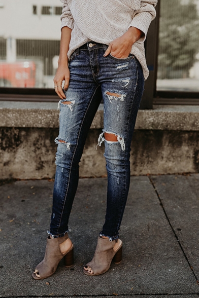 Ladies' Trendy Street Mid Rise Distressed Frayed Trim Ankle Skinny Jeans in Dark Blue