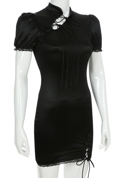 Lady's Black Puff Long Sleeve Lace-Up Side Split Lace Patch Chirpaur Retro Mini Dress