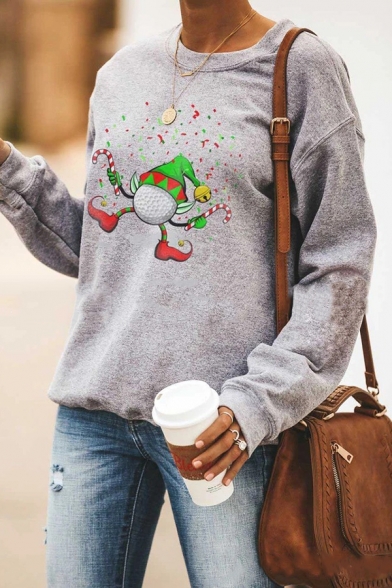Lovely Christmas Cartoon Clown Printed Long Sleeve Crew Neck Casual Gray Sweatshirt