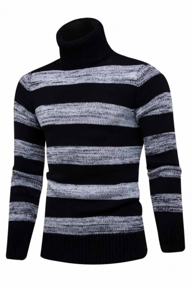 Mens Casual Striped Purl Knit Turtle Neck Long Sleeve Fitted Slim Black and Gray Pullover Warm Sweater