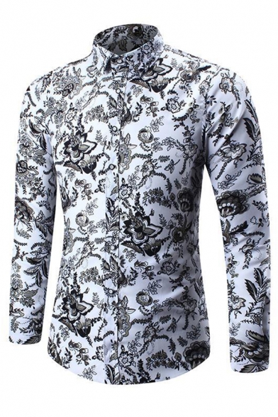 Mens Classic Floral Printed Long Sleeve Single Breasted Slim White Thin Shirt