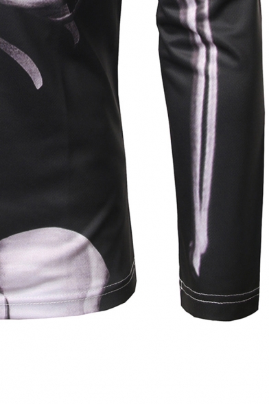 Mens Cool Perspective Skeleton 3D Printed Long Sleeve Crew Neck Black Slim T-Shirt