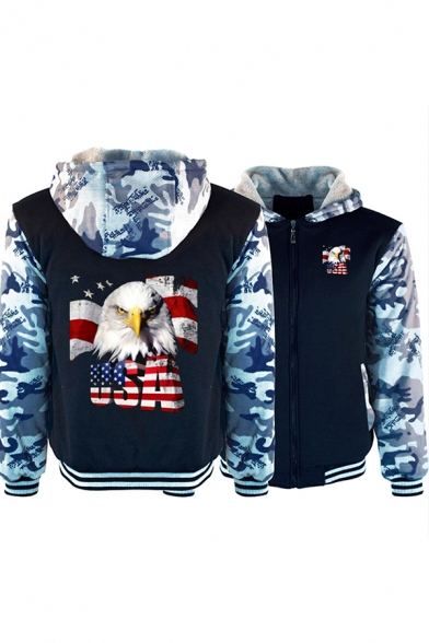 Mens Creative Letter USA Eagle Printed Colorblock Long Sleeve Zip Up Thick Hoodie