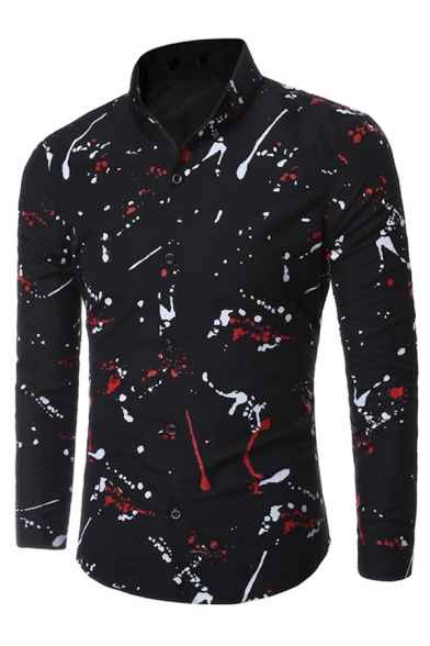 Mens Creative Splatter Ink Painting Long Sleeve Button Up Slim Fit Shirt