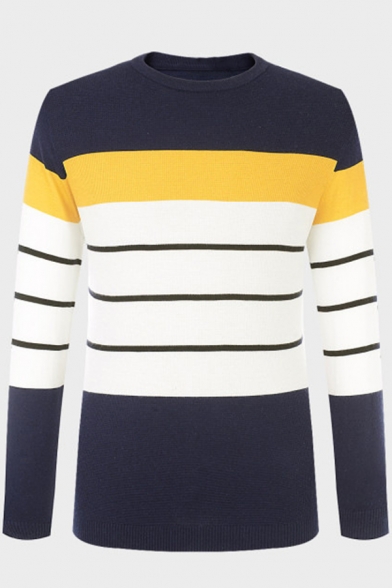 Mens Leisure Colorblocked Stripe Printed Long Sleeve Round Neck Casual Fitted Knit Pullover Sweater