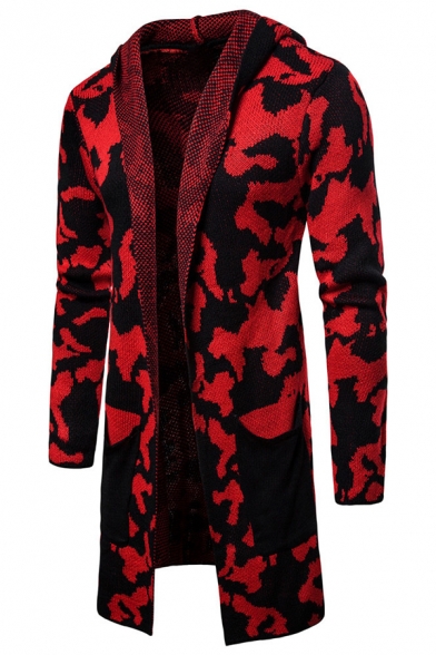 Mens Popular Camo Printed Long Sleeve Open Front Longline Hooded Cardigan Knitted Coat