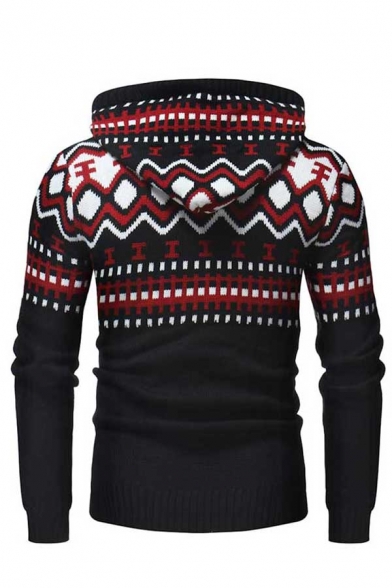 Mens Retro Geometric Fair Isle Hooded Sweater Knitwear Drawstring Hoodie