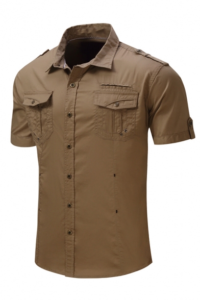 Mens Simple Plain Short Sleeves Single Breasted Flap Pockets Fitted Military Shirt with Epaulets