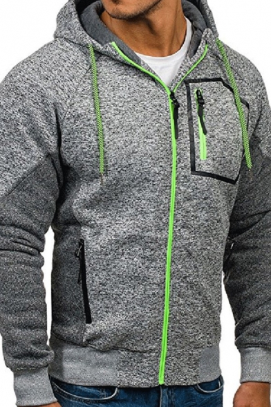 Mens Simple Zipper Pocket Colorblocked Long Sleeve Zip Up Slim Fit Sports Hoodie
