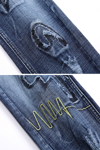Mens Stylish Star Embroidery Zip Placket Denim Blue Pants Ripped Jeans