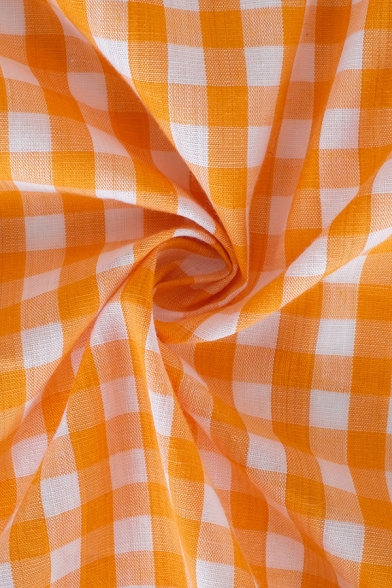 Orange Cute Girls' Bell Sleeve Surplice Neck Plaid Print Ruffled Trim Bow Tie Waist Mini Wrap A-Line Dress