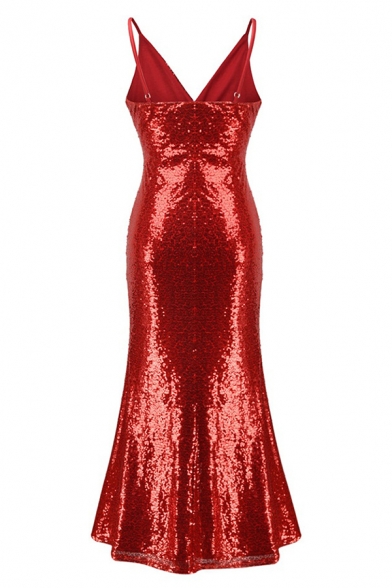 Pageant Glamorous Ladies' Sleeveless Deep V-Neck Sequined Maxi Fitted Fishtail Cami Dress in Red
