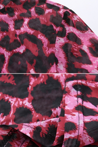 Pink Women's Glove Sleeve Mock Neck Leopard Print Sheer Mesh Crop Tee for Club