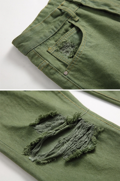 Plain Army Green Zip Placket Shredded Ripped Denim Pants Loose Jeans