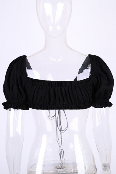 Plain Sexy Puff Sleeve Deep V-Neck Bow Tied Ruched Slim Crop Top for Girls