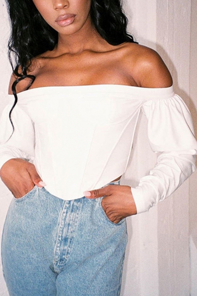 Puff Sleeved Off The Shoulder Ruched Sexy Crop Bardot Blouse Top in White