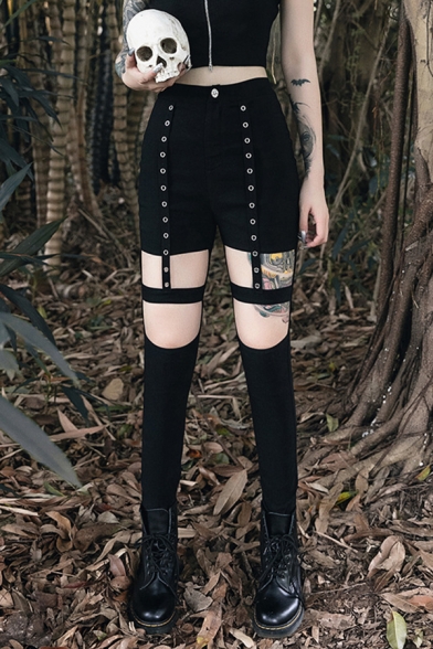 Punk Goth Street Girls' Mid Rise Hollow Out Button Embellished Ankle Length Skinny Pants in Black