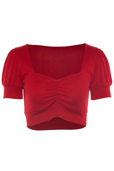 Red Lovely Girls' Puff Sleeve V-Neck Ruched Slim Fit Knit Crop Tee for Women