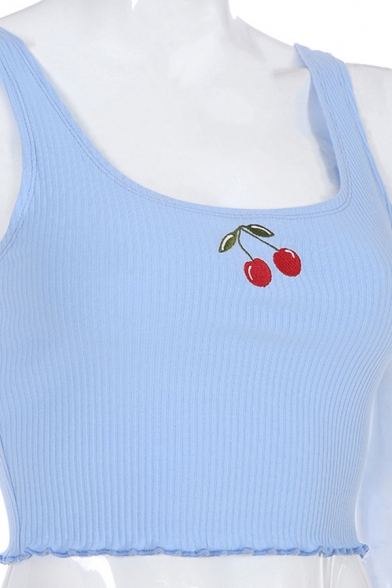 Sexy Blue Sleeveless Scoop Neck Cherry Print Knit Stringy Selvedge Crop Tank Top for Girls