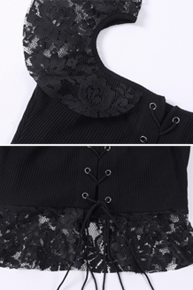 Sexy Dark Bell Sleeve Off The Shoulder Lace Up Lace Trim Hollow Knit Black Fitted Crop Tee for Women
