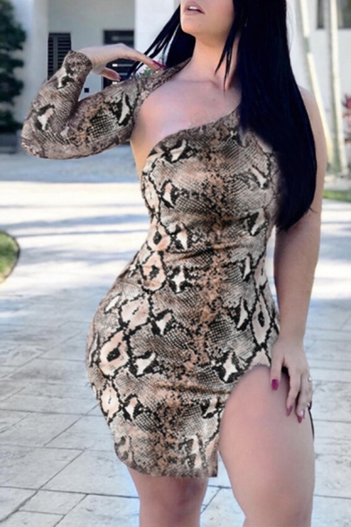 Sexy Fahison Snake Skin Pattern One Shoulder Brown Hollow Out Backless Side Split Mini Party Club Dress
