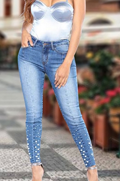 Sexy Ladies' Mid Rise Bleach Pearl Embellished Ankle Length Stretchy Tight Jeans in Light Blue