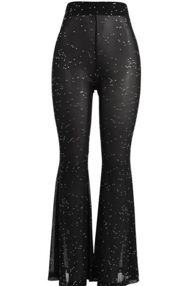 Sexy Sparkly Mid Rise See-Through Mesh Sequined Full Length Slim Fit Black Flared Pants for Party Girls