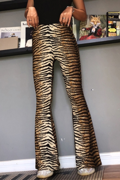 Sexy Stylish Elastic Waist Leopard Print Full Length Slim Fit Brown Flared Trousers for Girls