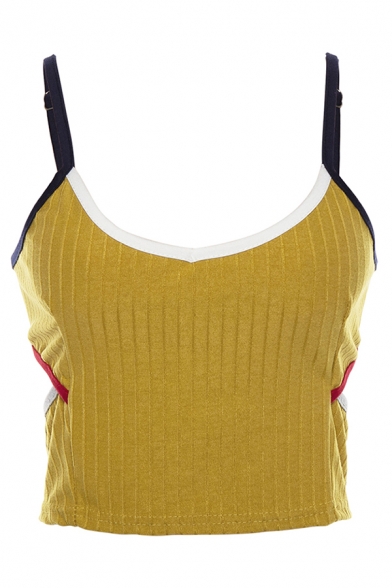 Slim Yellow Women's Sleeveless Hook and Eye Cut Out Back Contrast Piped Knit Crop Cami Top