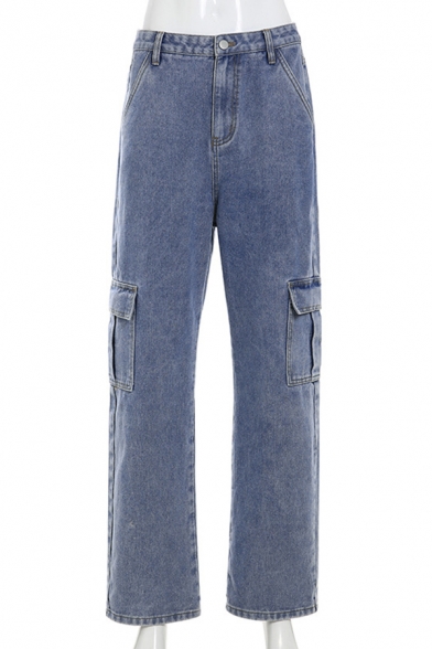 Street Trendy Girls' High Waist Utility Long Baggy Wide Jeans in Blue ...