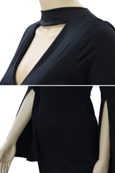 Stylish Dressy Black Detached Sleeve Choker Hollow Mini Bodycon Dress for Party Girls