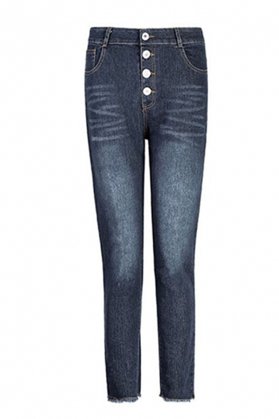 Trendy Elegant Ladies' High Waist Button Down Raw Edge Long Skinny Jeans in Navy Blue