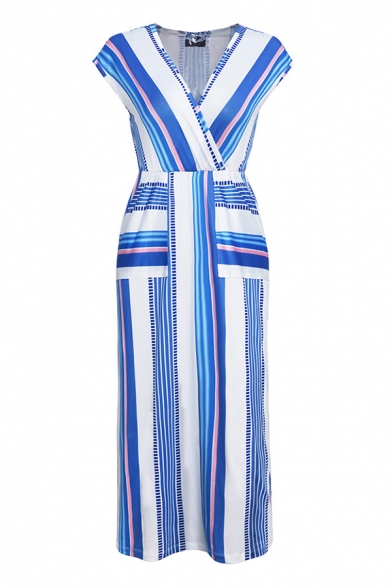 Trendy Ladies' Sleeveless Surplice Neck Striped Print Midi Shift Dress in Blue