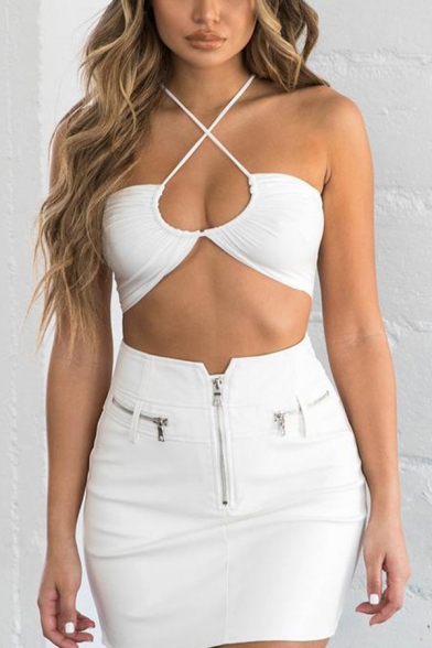 White Sexy Sleeveless Hollow Out Lace Up Slim Fit Crop Bustier for Ladies