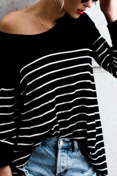 Womens Casual Black Pinstripes Print Long Sleeve Boat Neck Tunic Oversized Tee Top