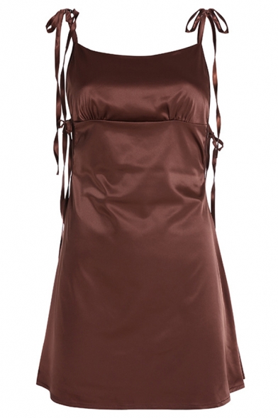Womens Casual Sexy Plain Brown Tied Strap Mini Satin Cami Party Dress