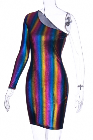 Womens Cool Club Style Metallic Rainbow Printed One Shoulder Single Sleeve Mini Fitted Dress