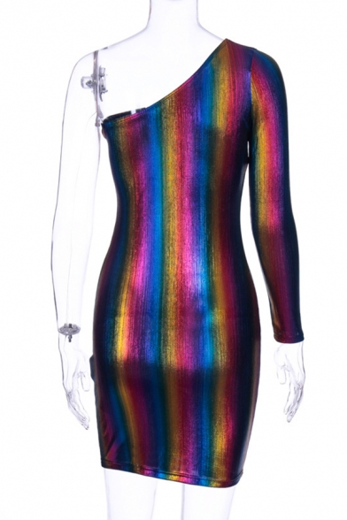 Womens Cool Club Style Metallic Rainbow Printed One Shoulder Single Sleeve Mini Fitted Dress