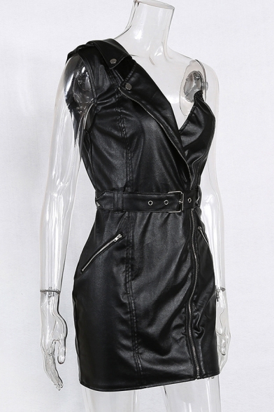Womens Cool One Shoulder Asymmetric Zip Placket Belted Black Faux Leather Mini Biker Dress