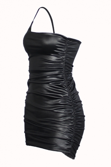 Womens Cool Spaghetti Strap One Shoulder Sleeveless PU Black Plain Mini Bandage Dress for Club